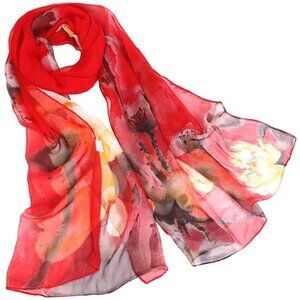 Scarfs Lightweight Print Floral Ink Lotus&red